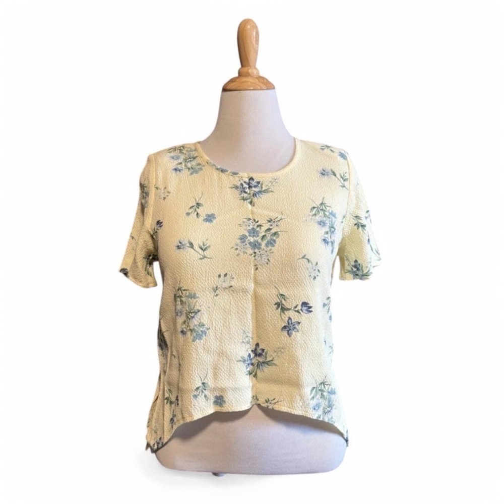 VTG Y2K Teddi Sz 12 Butter Yellow Floral Cottagecore Textured High Low Blouse